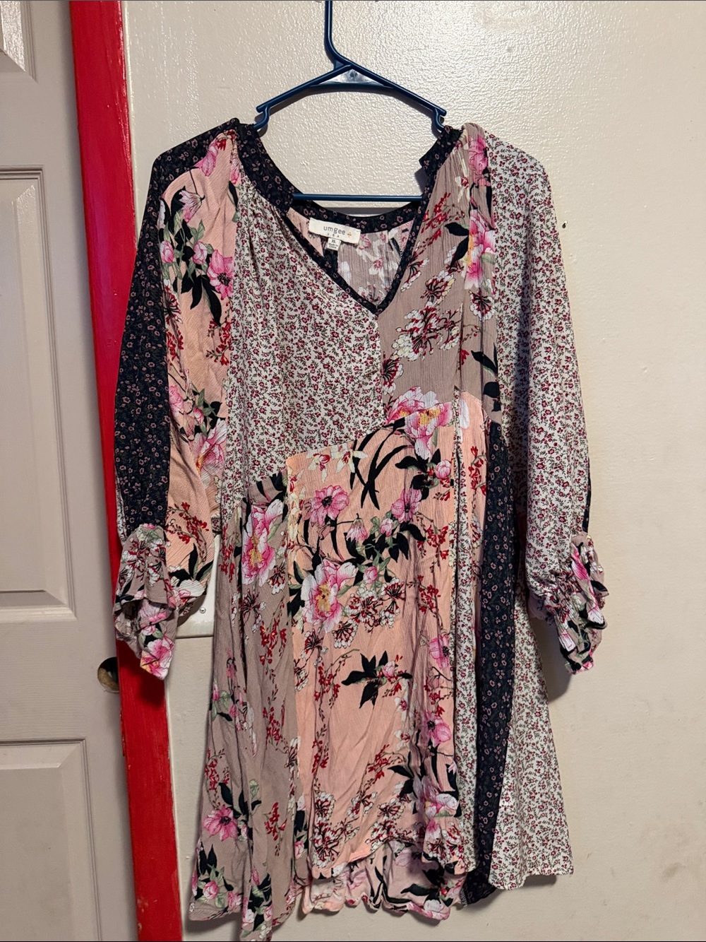 Umgee Pink Floral Patchwork V-Neck Long Sleeve Dress